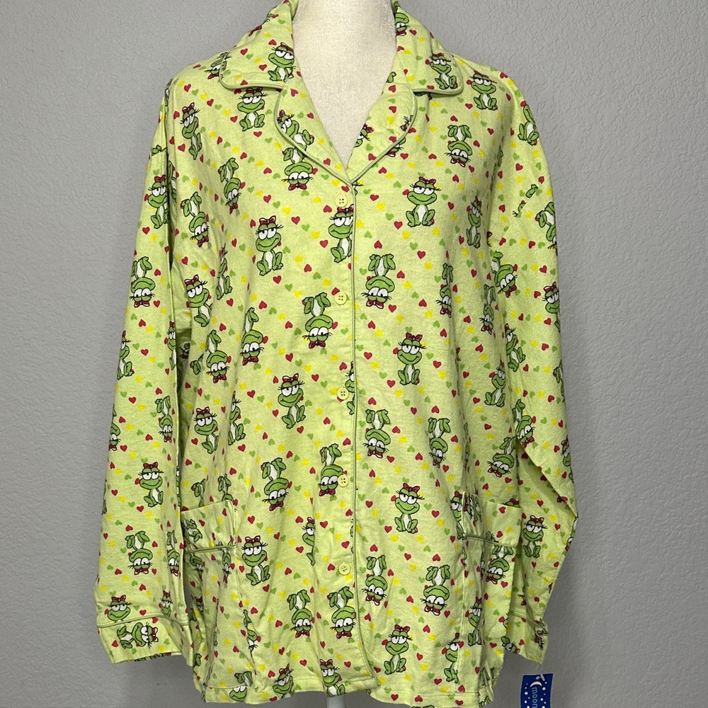 Moon Dance Women’s Green Frog and Hearts Print Cotton Flannel Pajama Top New XL